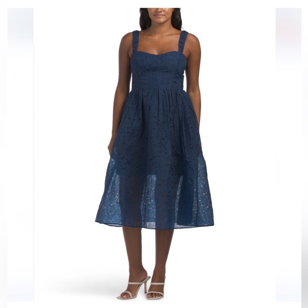 NWT French Connection Embroidered Strappy Midi Dress in Midnight Blue